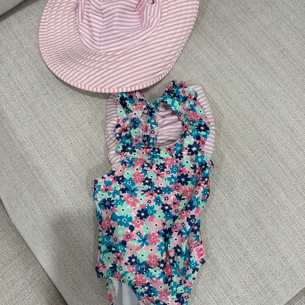 Ruffle Butts Pink and Blue Floral Kids Swim One Piece